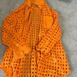 Orange Long Sleeve Button Down Blouse with Notched Collar